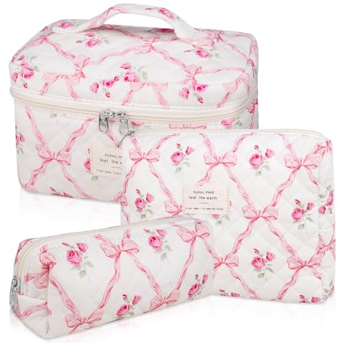 Gosect 3PC Makeup Bag Set, Quilted Makeup Bag, Large Floral Cosmetic Bag for Women, Cute Cotton Makeup Bags, Flower Travel Toiletry Organizer Bag (Pink Flower) - color: Pink Flower