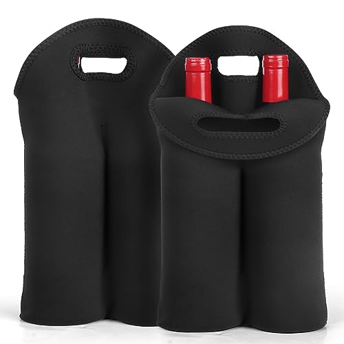 2 Pack Wine Carrier Tote Bag, 4 Bottles Carrying Cooler Bags for Travel and Picnic, Insulated Neoprene Water Beer Bottle Holder with Secure Carry Handle,Keep Bottles Protected (Black)
