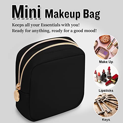 Nylon Mini Makeup Bag for Purse, Preppy Small Cute Black Makeup Bag Cosmetic Zipper Pouch Purse, Waterproof Travel Coin Pouch Sanitary Napkin Storage Bag Clutch Makeup Organizer for Women Girls(Black) - color: Black, size: Mini