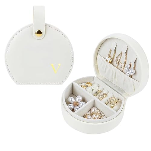 Travel Jewelry Case,Personalized Jewelry Box,Elegant Half-Moon Design with Personalized Golden Initial Case,Personalized Gifts for Women,Jewelry organizer;Personalized Gifts for Women or Friends(V) - style: V