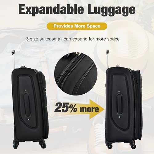 Merax Softside Luggage Set Softshell Lightweight 3 Piece Spinner Suitcase with Duffel Bag Expandable Upright Travel Luggage 22" 26" 30",Black - color: Black, size: 3-Piece (20/24/28+bag)