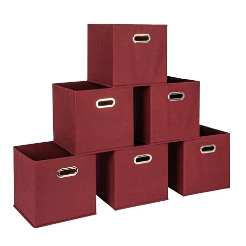Household Essentials Foldable Fabric Storage Cubes 6-Pack – 11x11x11 Stackable Non-Woven Bins with Chipboard Sides & Grommet Handles – Closet, Shelf, Nursery, or Office Organizer – Burgundy - color: Burgundy, size: 11” L x 11” W x 11” H