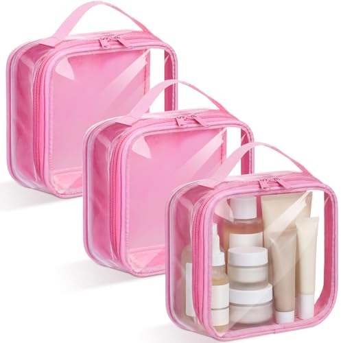 Abbylike 3 Pcs Small Toiletry Bags Reusable Quart Size Travel Liquid Pouch Single-sided Clear PVC Carry-on Organizer with Handle Cosmetic Bags for Airport Security Women Men(Pink) - color: Pink