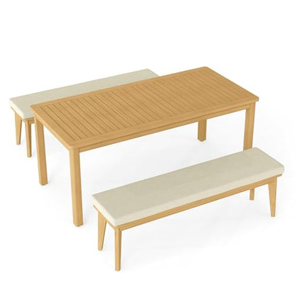 FansaFurn 3-Piece Outdoor Dining Set for 4 with 2 Benches and Cushion, All-Weather Acacia Wood Patio Table and Bench Set for Garden and Lawn, Beige