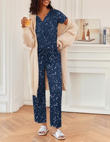 Ekouaer 2 Piece Womens Pajamas Short Sleeve Top and Long Pants Pjs Set Printed Sleepwear with Pocket - color: Blue Stars, size: Small