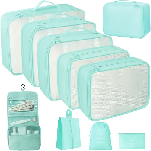 10 Pcs Set Packing Cubes - Travel Packing Organizers, Expandable Suitcase Organizer, Luggage Organizer Bags - color: BRIGHT CYAN