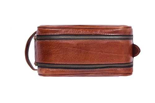 Leather Toiletry Bag for Men | Grooming Travel Kit | With Waterproof Lining | By Aaron Leather Goods - color: Jade Brown