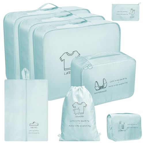 8 Set Travel Packing Organizers- Luggage Organizer for Suitcase Organization with Hanging Toiletry, Shoe & Laundry Bags, Packing Cubes for Travel Essentials, Cute Gifts for Women, Lake Blue - color: Lake Blue