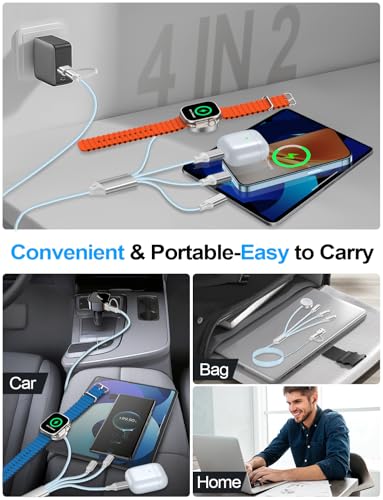 Travel Essentials,Multi Charging Cable for Apple Watch Charger/iPhone Charger/Samsung Charger,USB A & Type C Power Cable for iWatch Ultra/10-2/iPhone 17-11/Samsung S26,Serial Cables,Car[1.2M]-Blue - color: 1-Blue, size: 1.2M