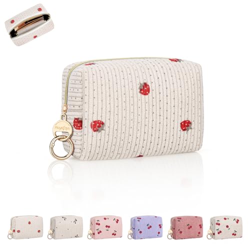 Mini Makeup Bag, Corduroy Small Cosmetic Bag for Purse with Ring Buckle, Travel Makeup Pouch for Lipsticks, Chapsticks, Coin, Earphone, Credit Card (Strawberry-Beige) - color: Strawberry-Beige