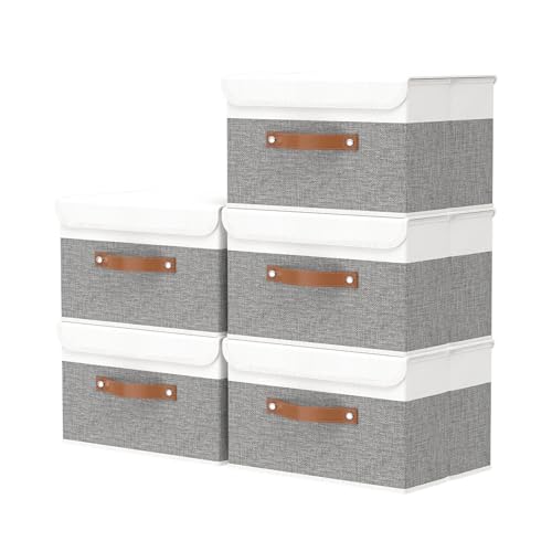 OUTBROS Large Collapsible Storage Basket with Lid, Linen Fabric Containers, Wardrobe Organiser For Towels, Clothes, 13 x 9.1 x 7.9 inch, White/Grey, 5-Pack - color: White/Grey, size: 13x9.1x7.9in(5-pack)