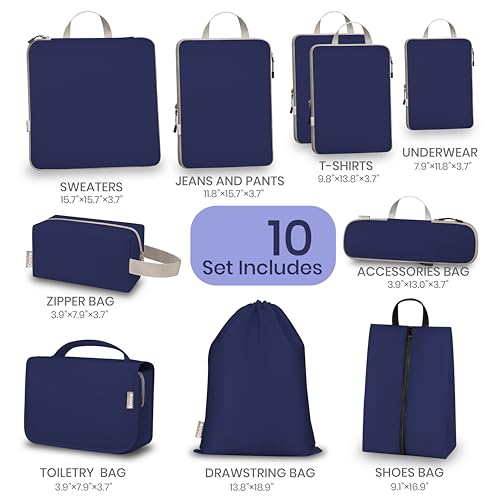 10 Set Compression Packing Cubes for Travel, Expandable Packing Organizer with Hanging Toiletry Bag, Shoe Bag & Accessories Bag, Ultralight Storage Travel Bags for Carry-on Luggage, Blue - color: Blue, size: Set of 10