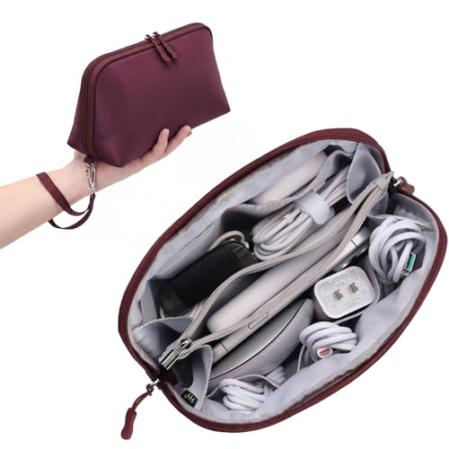 FYY Travel Cable Organizer - 8 Compartments Lightweight Water Resistant Tech Pouch with Wrist Strap, Portable Electronic Accessories Case for Cord Charger Storage for Travel Office Wine Red (Large) - color: Wine Red, style: L