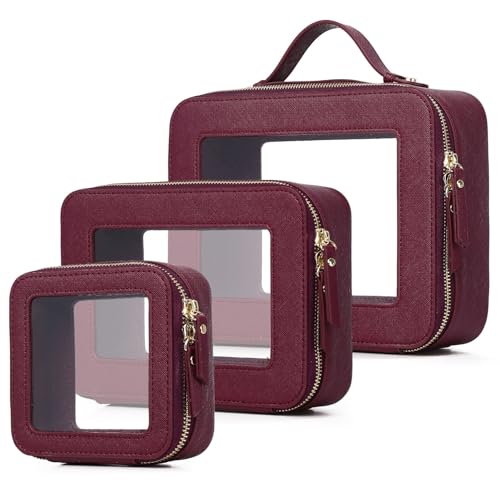 Clear Makeup Bag Set 3 Piece Travel Case for Cosmetics and Toiletries Women's Makeup Organizer and Car Essential with Zipper (Burgundy, L+M+MINI) - color: Burgundy, size: L+M+MINI