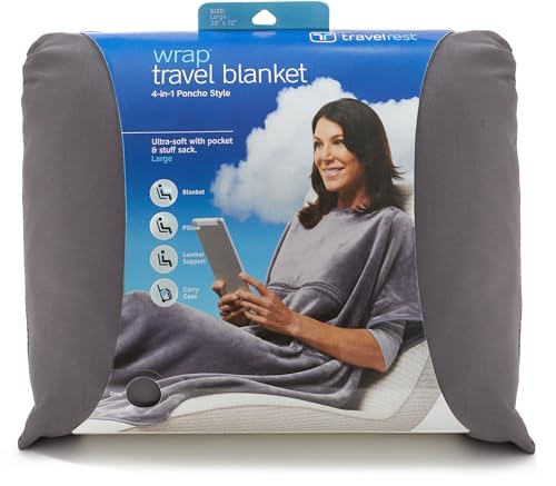 travelrest 4-in-1 Travel Blanket – Wearable Blanket, Pillow & Body Wrap, Lightweight, Compact & Cozy with Carry Case, Travel Friendly, Comfort, Ideal for Airplanes, Long Flights, Road Trips - Grey