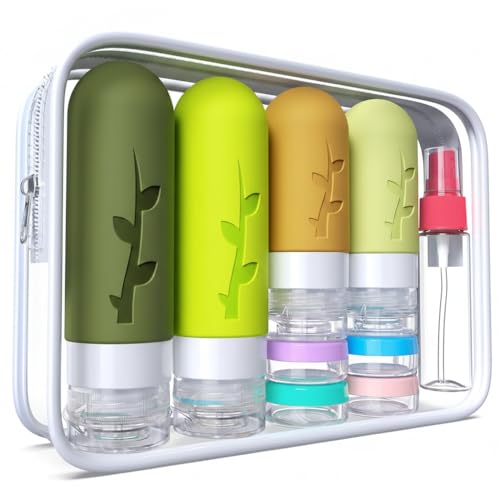 DEPOZA Travel Bottles Kit (16 Pack) - TSA Approved, Leak Proof Silicone Squeezable Containers for Toiletries. Complete Set with Jars, Sprayers & Bag (M-Green) - color: M-Green