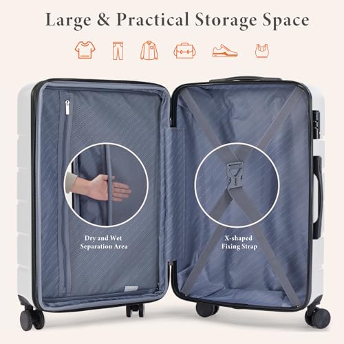 Sweetcrispy 28 Inch Checked Luggage, ABS Lightweight Rolling Hard Shell Suitcase with Smooth Spinner Wheels, Built-in TSA Lock, Durable Travel Suitcase for Business and Vacation Trip, White - color: White, size: 28 Inch