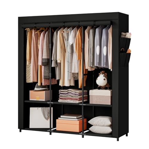 SORCEDAS Portable Closet Wardrobe Storage Organizer Metal Hanging Rack Non-Woven Fabric 50 Inch (Black) - color: Black, size: 50 Inch
