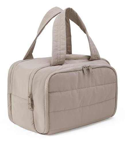 Travel Toiletry Bag for Women, Large Wide-open Puffy Cosmetic Makeup Bag with Wet-Dry Separation, Multi-Pocket Organizer with Carry Handle for Toiletries, Cosmetics, Essentials, Camel - color: Camel