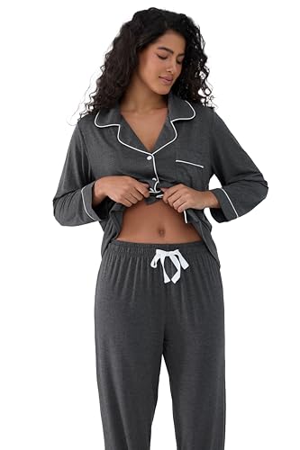 Cherrydew Women Bamboo Viscose Pajama Sets Super Soft Comfy Breathable Cooling Sleepwear Long Sleeve Button Down Loungewear - color: Charcoal, size: Small