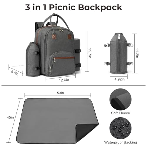 ALLCAMP Picnic Backpack - Insulated Cooler Bag with Compartment, Detachable Wine Glass Holder, Throw Blanket & Cutlery Set, 2 Person Picnic Set for Family Outings, Couple Gifts (Gray) - color: Gray, size: 2 person