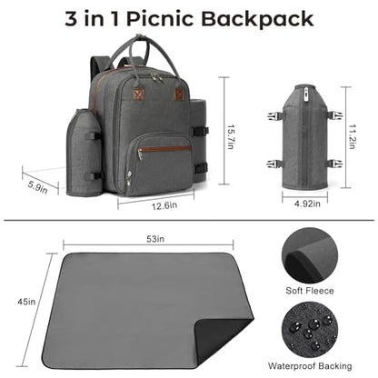 ALLCAMP Picnic Backpack - Insulated Cooler Bag with Compartment, Detachable Wine Glass Holder, Throw Blanket & Cutlery Set, 2 Person Picnic Set for Family Outings, Couple Gifts (Gray) - color: Gray, size: 2 person