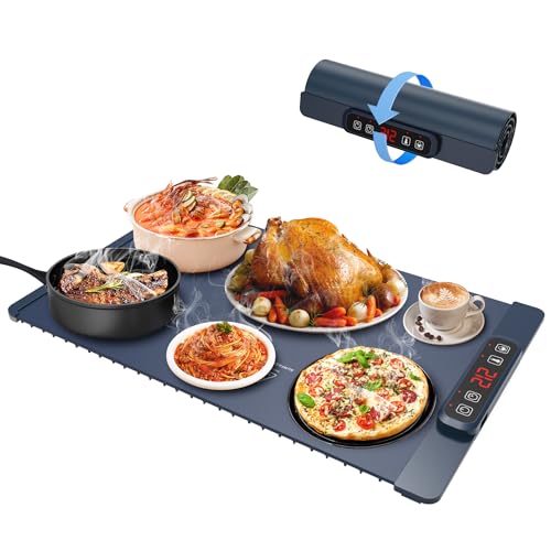 10s Rapid Heating Food Warming Mat, 5 Temperature Settings Silicone Electric Heating Tray with 1-4H Timer & Child Lock, Foldable Portable Food Warmer for Family Gatherings/Camping/Baking, Dark Blue