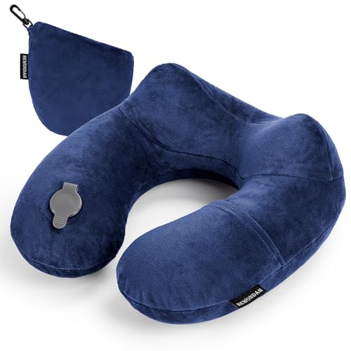 Rewondah Inflatable Travel Pillow for Sleeping Airplane - Inflatable Neck Pillow for Traveling on Plane with Washable Cover, Blow up Neck Travel Pillow for Airplanes, Cars - Portable and Comfortable - color: Navy Blue, size: M-Shape
