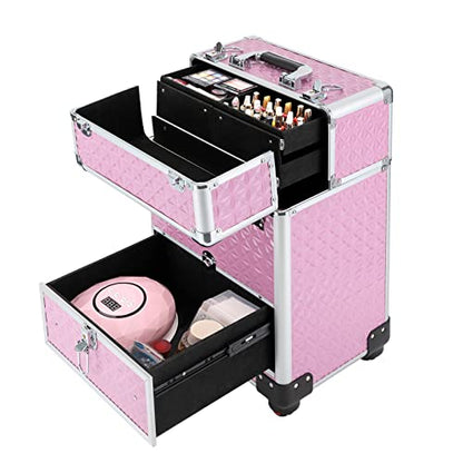 3in1 Rolling Makeup Train Case,Aluminum Trolley Case with 360° Rotation Wheels for Professional Salon Barber Traveling Cart Trunk Cosmetic Beauty Storage (Pink 18.5in) - color: Pink 18.5in