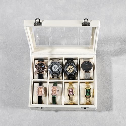 Frebeauty 8-Slot Watch Box,Velvet Watch Case with Glass Lid,Watch Organizer Box for Men and Women,Lockable Watch Storage,Watch Display Case,Ideal Gift(Beige) - color: Beige, size: 8 Slots