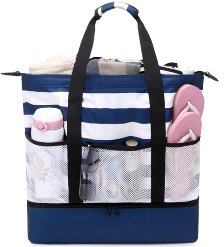 JIANYA Beach Bag Women Waterproof Sandproof Beach Tote Bags with Cooler Top Zipper Large Totes for Pool Travel Daily - color: Blue Stripes