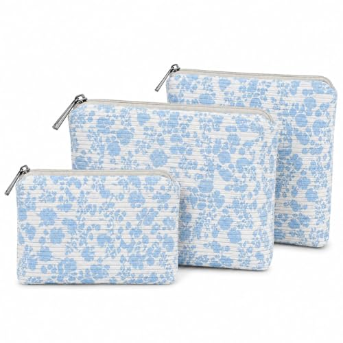 Small Cosmetic Bag Set of 3 for Purse, Floral Corduroy Makeup Bags, 3 Sizes Zipper Pouch Organizer for Travel & Toiletries, Gift for Her Birthday, Bridesmaid & Best Friend - color: FlowerPrint/Corduroy