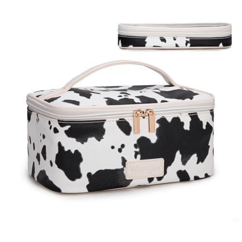 Montana West X Wrangler Travel Makeup Bag 2pcs Set Large Cosmetic Bag with Makeup Brush Holder Portable Make Up Organizer Cute Toiletry Bag with Divider and Handle for Women - color: Cow-Black