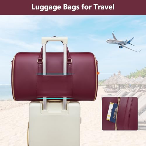 Garment Bags for Travel, Convertible Suit Travel Bag for Women, Cute Carry On Garment Bag w/Shoes Pouch, 2 in 1 Foldable PU Leather Hanging Duffle Bag, Single-Zipper Design, Sangria - color: Red