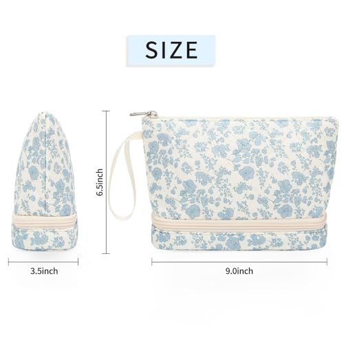 Ethereal Small Makeup Bag, 2 Layers Travel Make up Organizer Bag with Makeup Brush Holder, Portable Cosmetic Bag for Women/Girls, Blue Flower - color: 02-blue flower