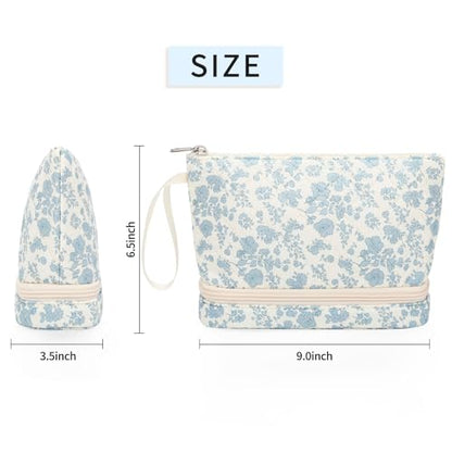 Ethereal Small Makeup Bag, 2 Layers Travel Make up Organizer Bag with Makeup Brush Holder, Portable Cosmetic Bag for Women/Girls, Blue Flower - color: 02-blue flower