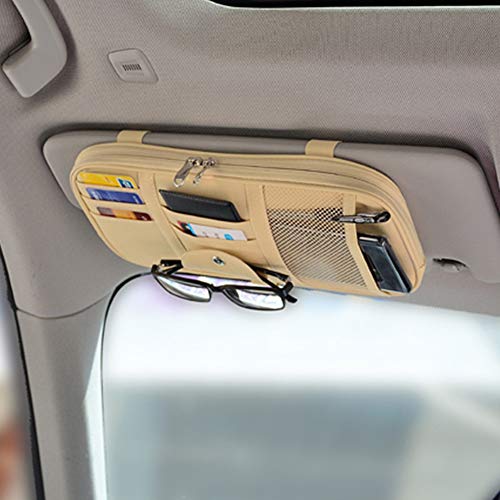 Car Sun Visor Organizer, Auto Interior Accessories Pocket Organizer - Car Truck SUV Storage Pouch Holder, with Multi-Pocket Net Zipper (Beige) - color: Beige