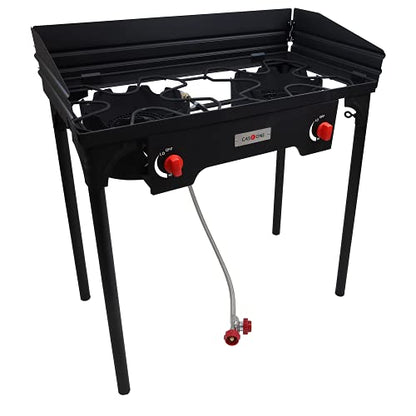 Gas One Propane Double Burner Two Burner Camp Stove with Windscreen Outdoor High Pressure Propane 2 Burner Adjustable PSI Regulator and 4ft Steel Braided Hose With Removable Legs - size: 2 Burner with Windguard