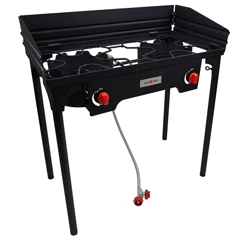 Gas One Propane Double Burner Two Burner Camp Stove with Windscreen Outdoor High Pressure Propane 2 Burner Adjustable PSI Regulator and 4ft Steel Braided Hose With Removable Legs - size: 2 Burner with Windguard