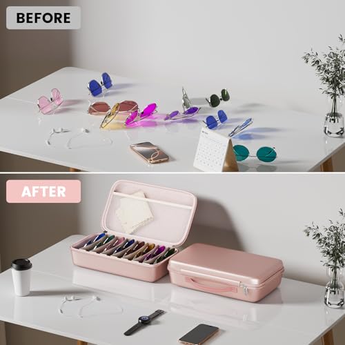 Travel Sunglasses Organizer, Hard Shell Sunglass Case Adjustable Slots for Multiple Sunglass Eyeglass Case - style: Pink + 8 Slots
