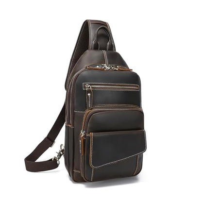 LANNSYNE Full Grain Leather Casual Sling Bag For Men Hiking/Travel/Business Crossbody Chest Bag Fits 12.9" iPad - color: Brown for 12.9 Ipad