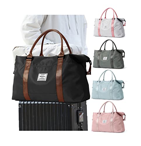 Sport Travel Duffle Bag Large Gym Tote Bag for Women, Weekender Bag Carry on Bag for Airplane, Ladies Beach Overnight Luggage Bag with Wet Pocket Black Large - color: Black with Brown Handle
