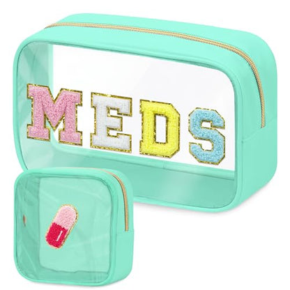 BuyCard 2 Pcs Medicine Chenille Letter Bag Preppy Clear Makeup Meds Pouch for Travel Nylon & PVC Transparent Cosmetic Bag Preppy Patch Toiletry Storage for Women Girls Green - color: MEDS-Green, style: 2 Pcs-clear