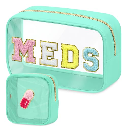 BuyCard 2 Pcs Medicine Chenille Letter Bag Preppy Clear Makeup Meds Pouch for Travel Nylon & PVC Transparent Cosmetic Bag Preppy Patch Toiletry Storage for Women Girls Green - color: MEDS-Green, style: 2 Pcs-clear