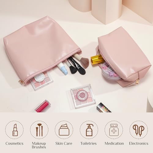 Kigeli 2 Pcs PU Leather Makeup Bag Set for Women Waterproof Aesthetic Cosmetic Bag Large & Small Travel Toiletry Organizer Pouch Skincare Organizer Bridesmaid Mother's Day Birthday Gift(Pink) - color: Pink