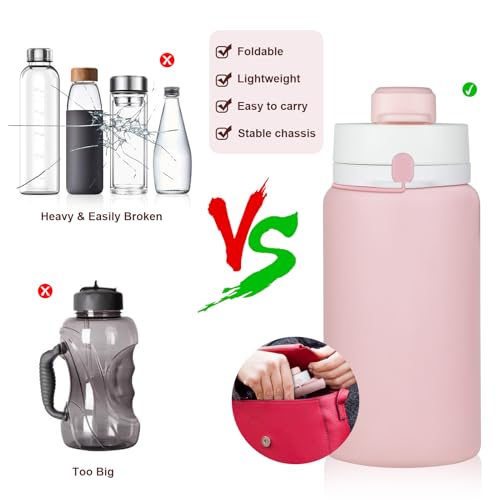 PLTCAT Collapsible Water Bottle, 19oz Foldable Bottle BPA Free Reusable Lightweight Leak-Proof Travel Silicone Water Bottle for Travel, Gym, Hiking, Office, Camping - color: Pink