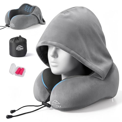 SkytraxComf® Travel Neck Pillow with Hood for Privacy on Long Flights | Memory Foam | Airplane Sleep | Safety-Tested Materials | Extra Large Hood | Chin Support | Earplugs | Washable Cover - color: Light Grey