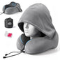 SkytraxComf® Travel Neck Pillow with Hood for Privacy on Long Flights | Memory Foam | Airplane Sleep | Safety-Tested Materials | Extra Large Hood | Chin Support | Earplugs | Washable Cover - color: Light Grey