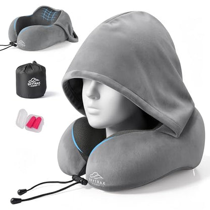 SkytraxComf® Travel Neck Pillow with Hood for Privacy on Long Flights | Memory Foam | Airplane Sleep | Safety-Tested Materials | Extra Large Hood | Chin Support | Earplugs | Washable Cover - color: Light Grey