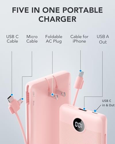 VRURC Portable Charger Built-in Cables and AC Wall Plug,USB C Power Bank 10000mAh, Travel Essentials Phone Charger Compact Lightweight External Battery Pack for Smart Phones, Tablets etc-Pink - color: Pink